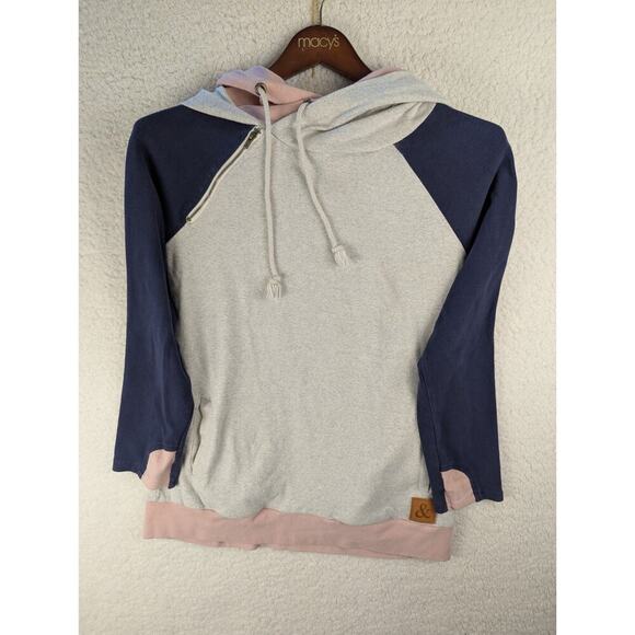 & Womens Asymmetry Neck Long Sleeve Double Hood Hoodie Gray/Pink XL Pockets - Picture 1 of 10